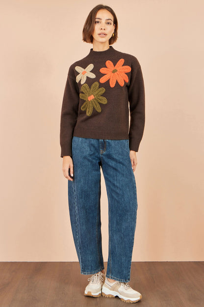 Yumi Women's Brown Knitted High Neck Jumper with Oversize Applique Flowers