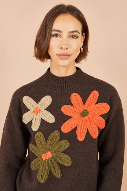 Yumi Women's Brown Knitted High Neck Jumper with Oversize Applique Flowers