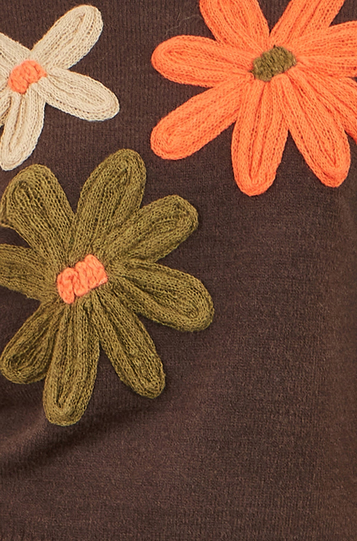 Yumi Women's Brown Knitted High Neck Jumper with Oversize Applique Flowers