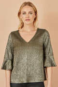 Yumi Gold Stretch Top With Fluted Sleeves - QHA UK