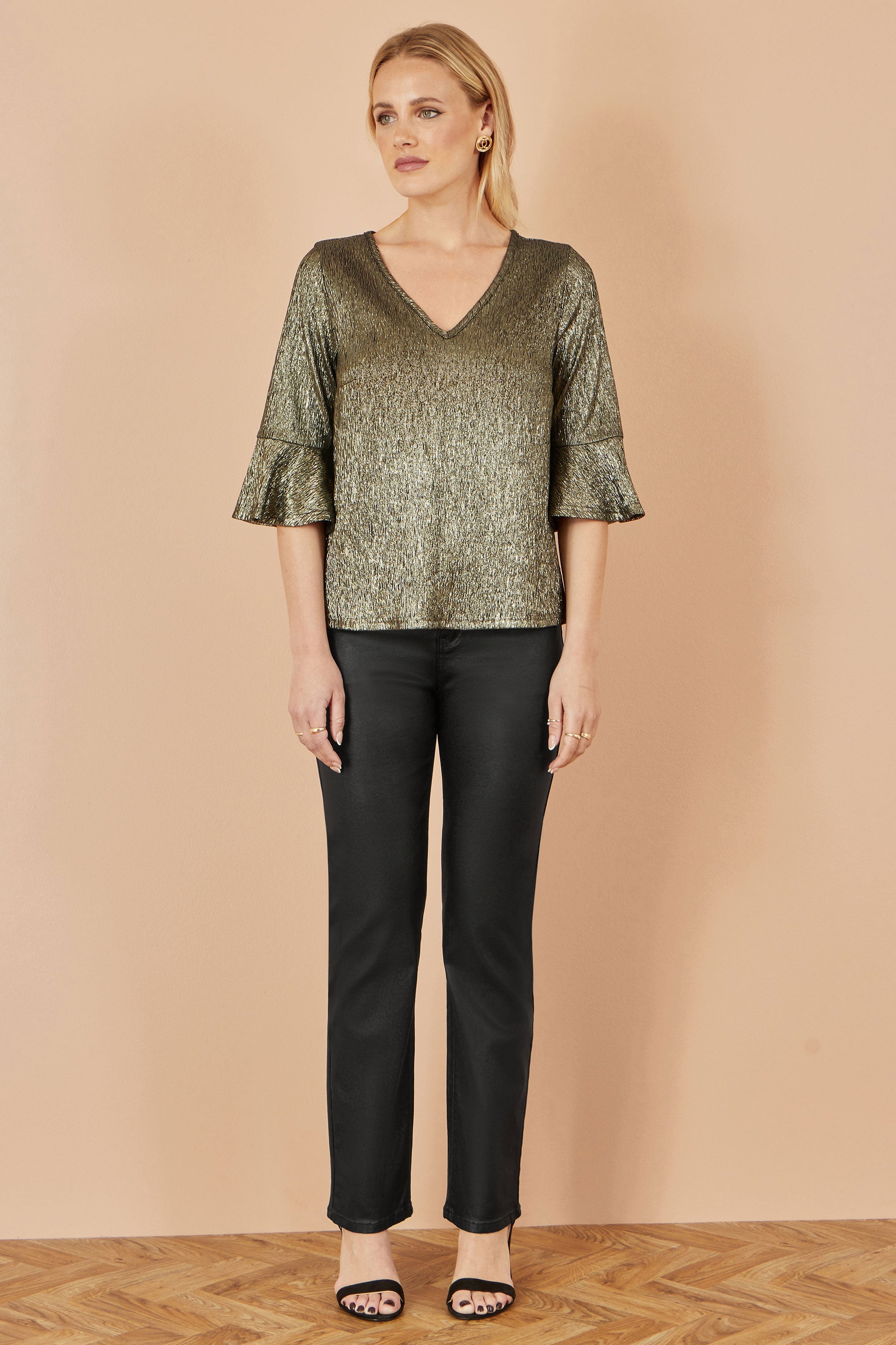 Yumi Gold Stretch Top With Fluted Sleeves