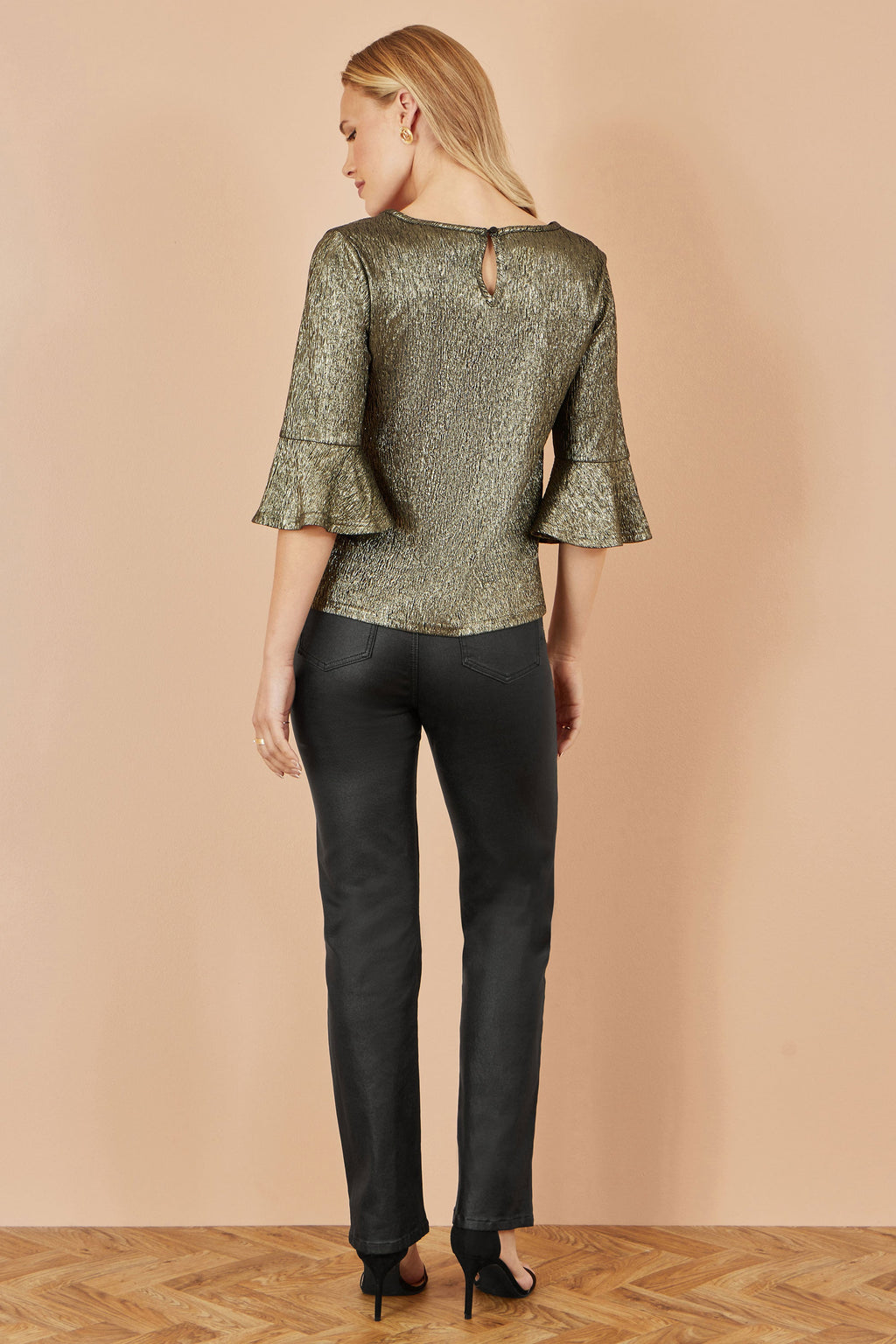 Yumi Gold Stretch Top With Fluted Sleeves