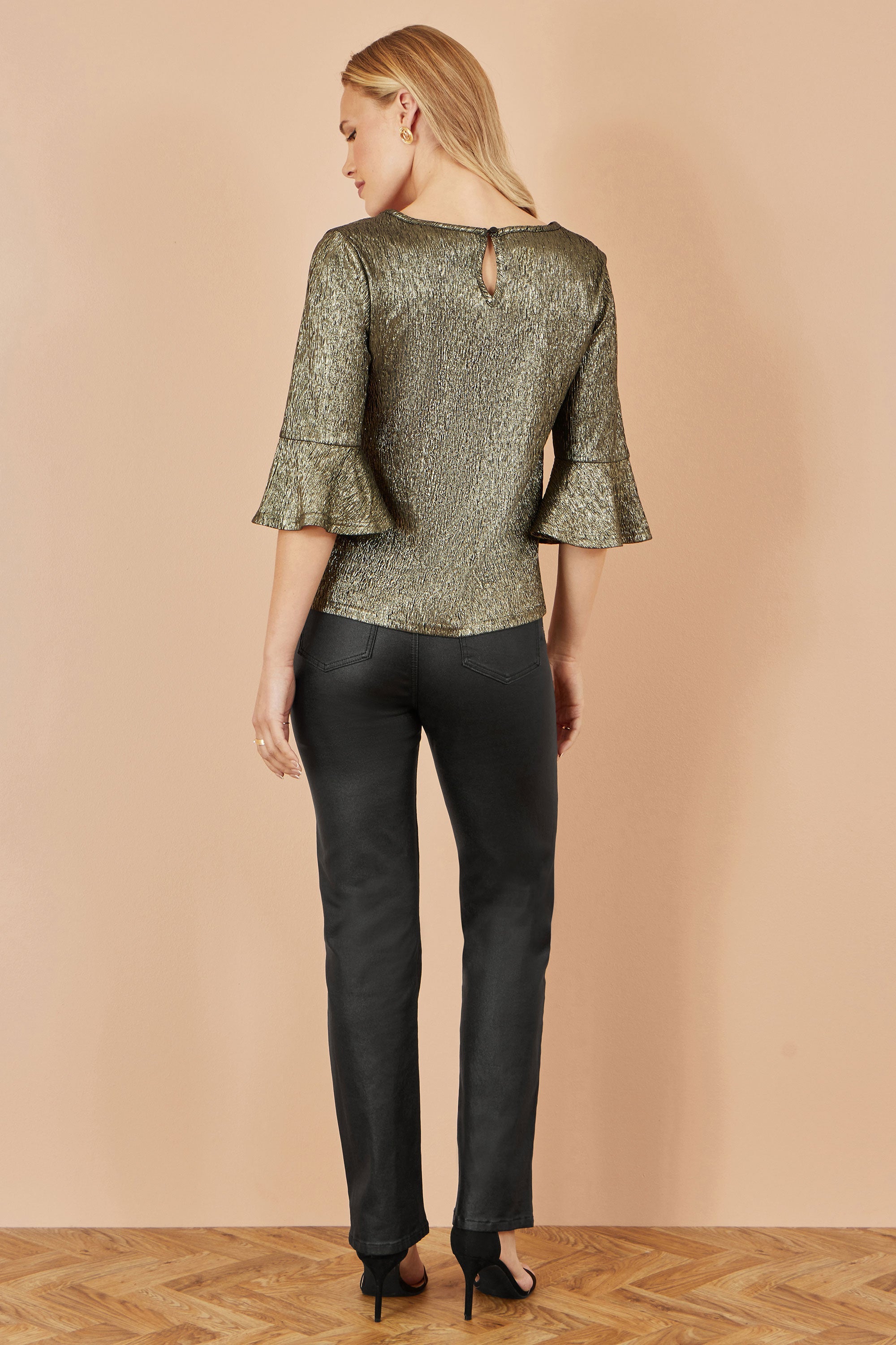 Yumi Gold Stretch Top With Fluted Sleeves