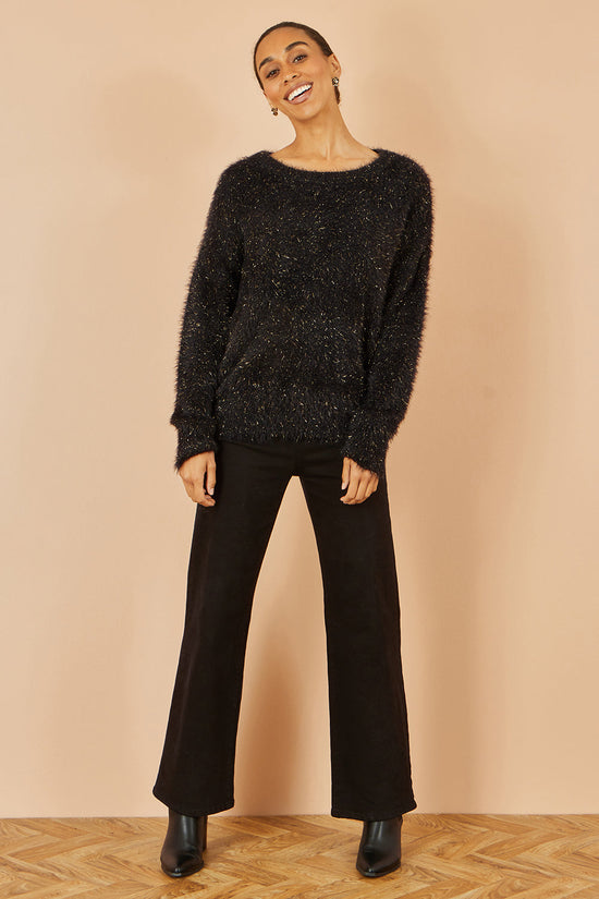 Yumi Black Metallic Fluffy Eyelash Relaxed Jumper - QHA UK