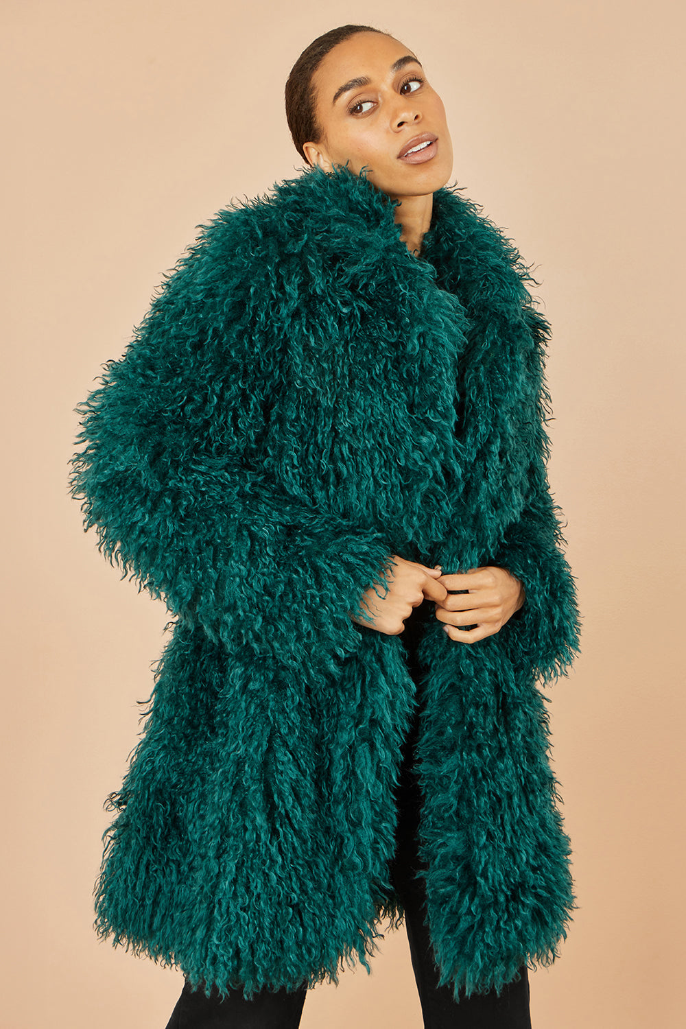 Yumi Teal Luxe Long Hair Fur Coat - QHA UK