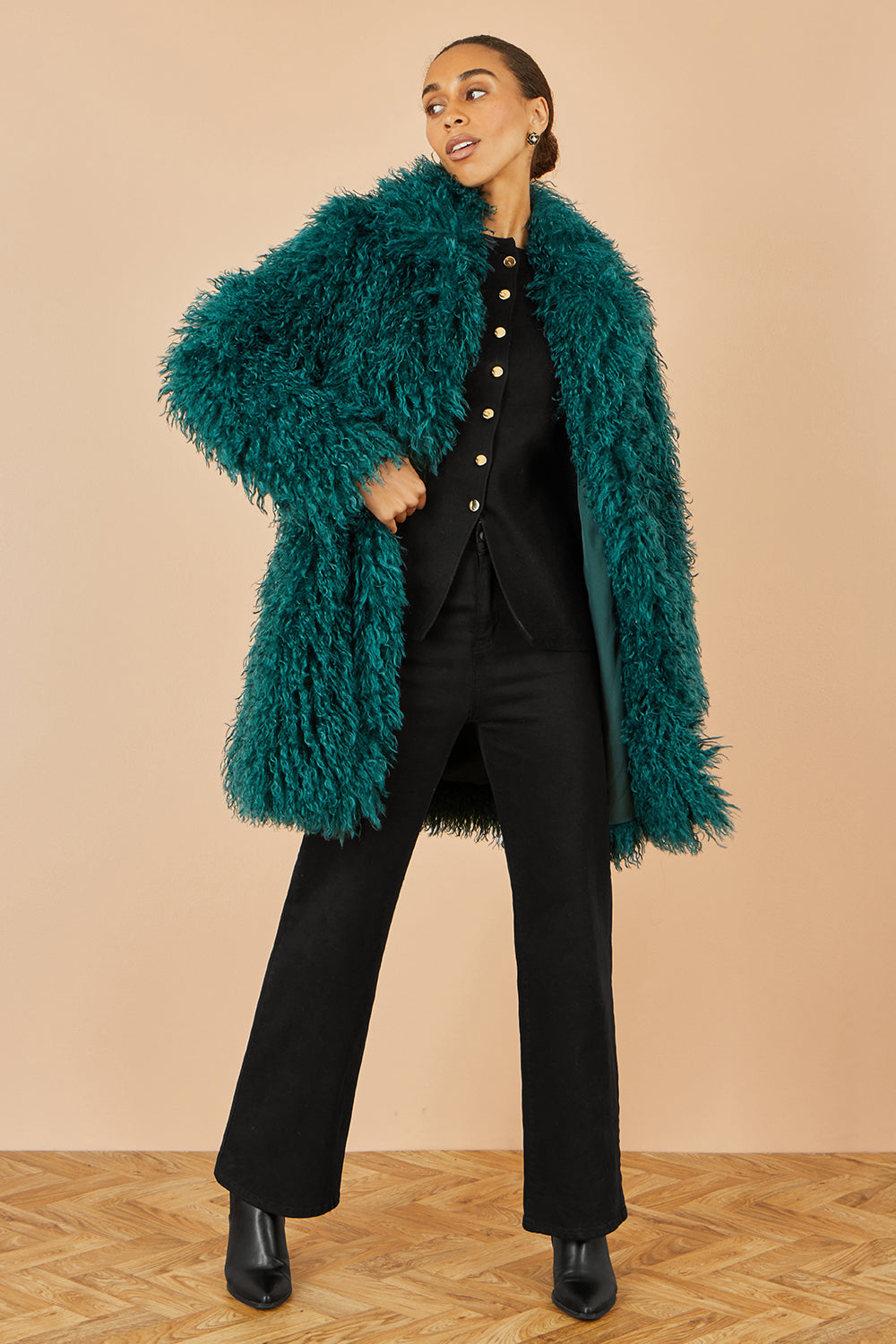 Yumi Teal Luxe Long Hair Fur Coat - QHA UK