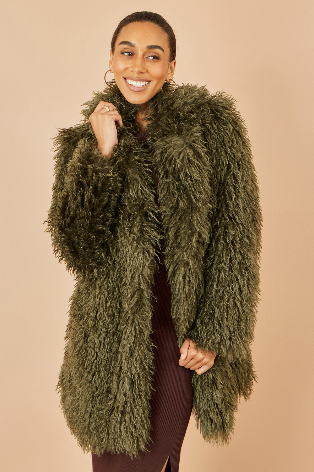 Yumi Green Luxe Long Hair Fur Coat - QHA UK
