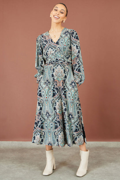Yumi Women's Green Paisley Print Wrap Waist Blouson Sleeve Midi Dress