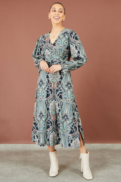 Yumi Women's Green Paisley Print Wrap Waist Blouson Sleeve Midi Dress