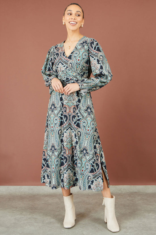 Yumi Women's Green Paisley Print Wrap Waist Blouson Sleeve Midi Dress