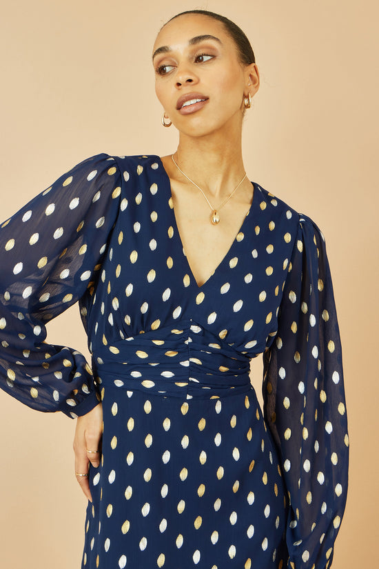 Yumi Navy Foil Print Midi Dress - QHA UK