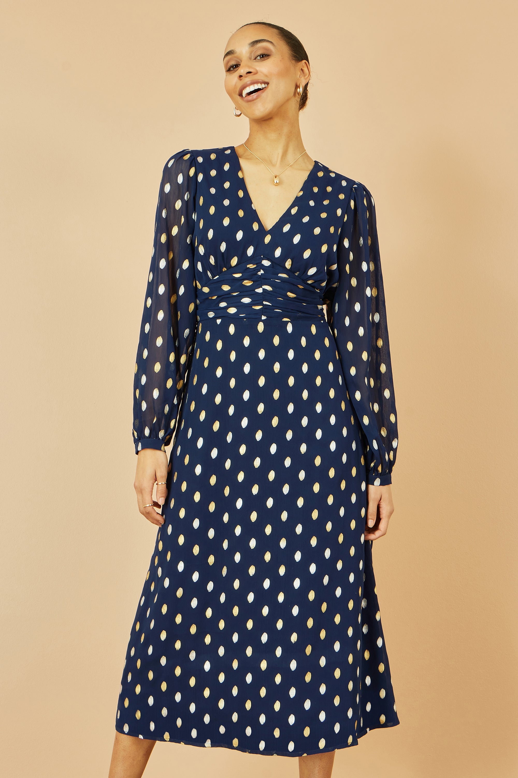 Yumi Navy Foil Print Midi Dress