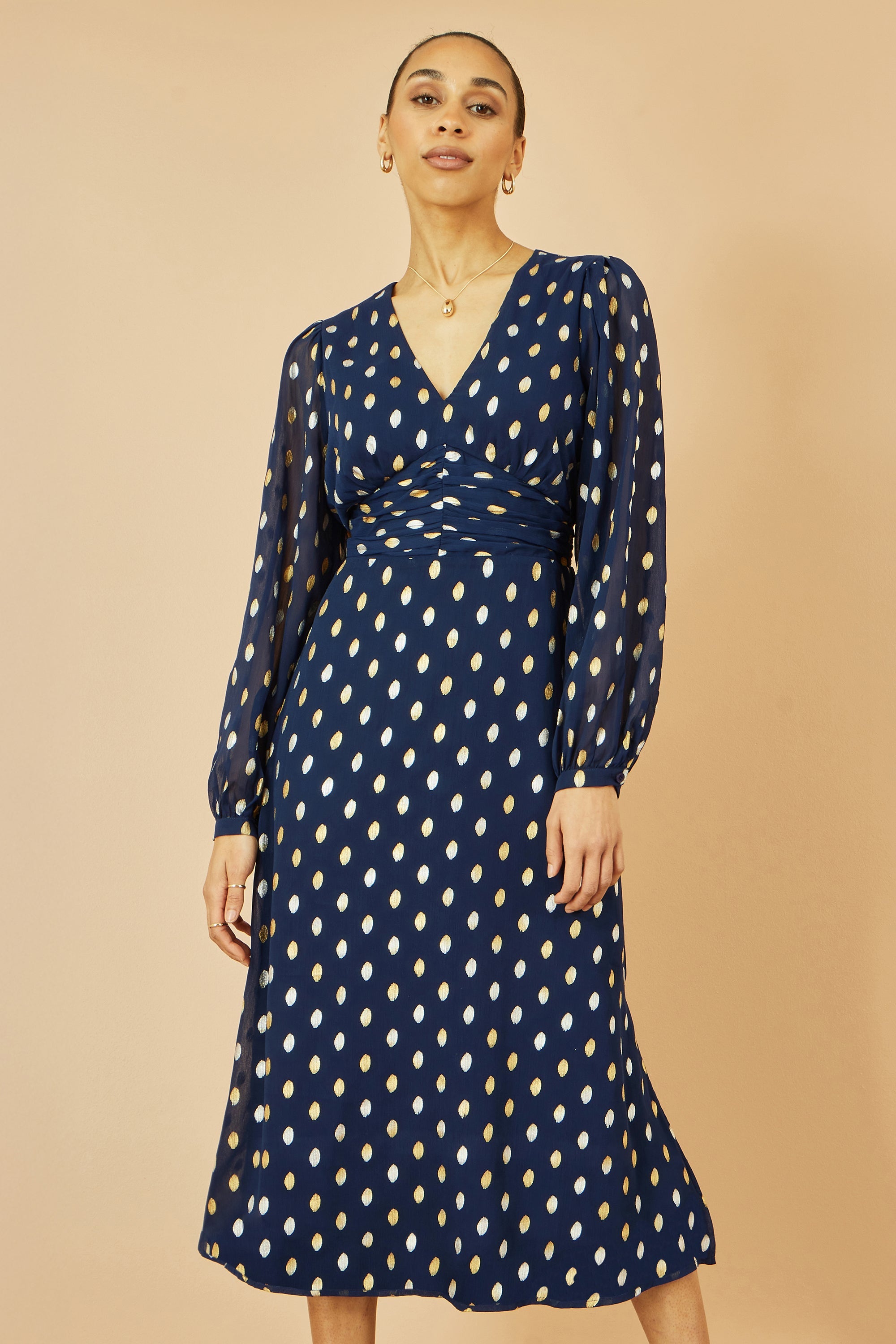 Yumi Navy Foil Print Midi Dress