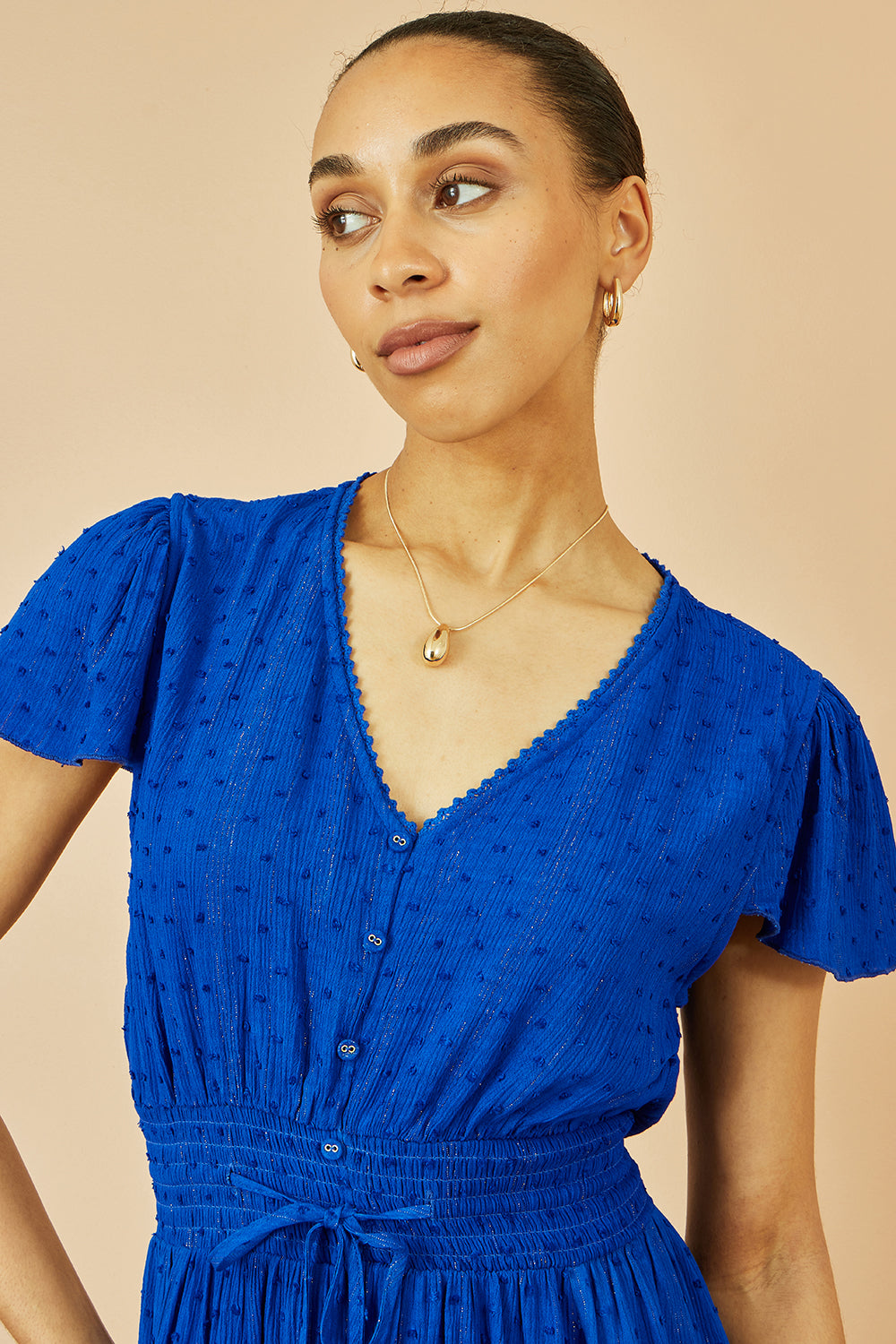 Yumi Blue Button Detail Midi Dress With Ruched Waist And Metallic Thread - QHA UK