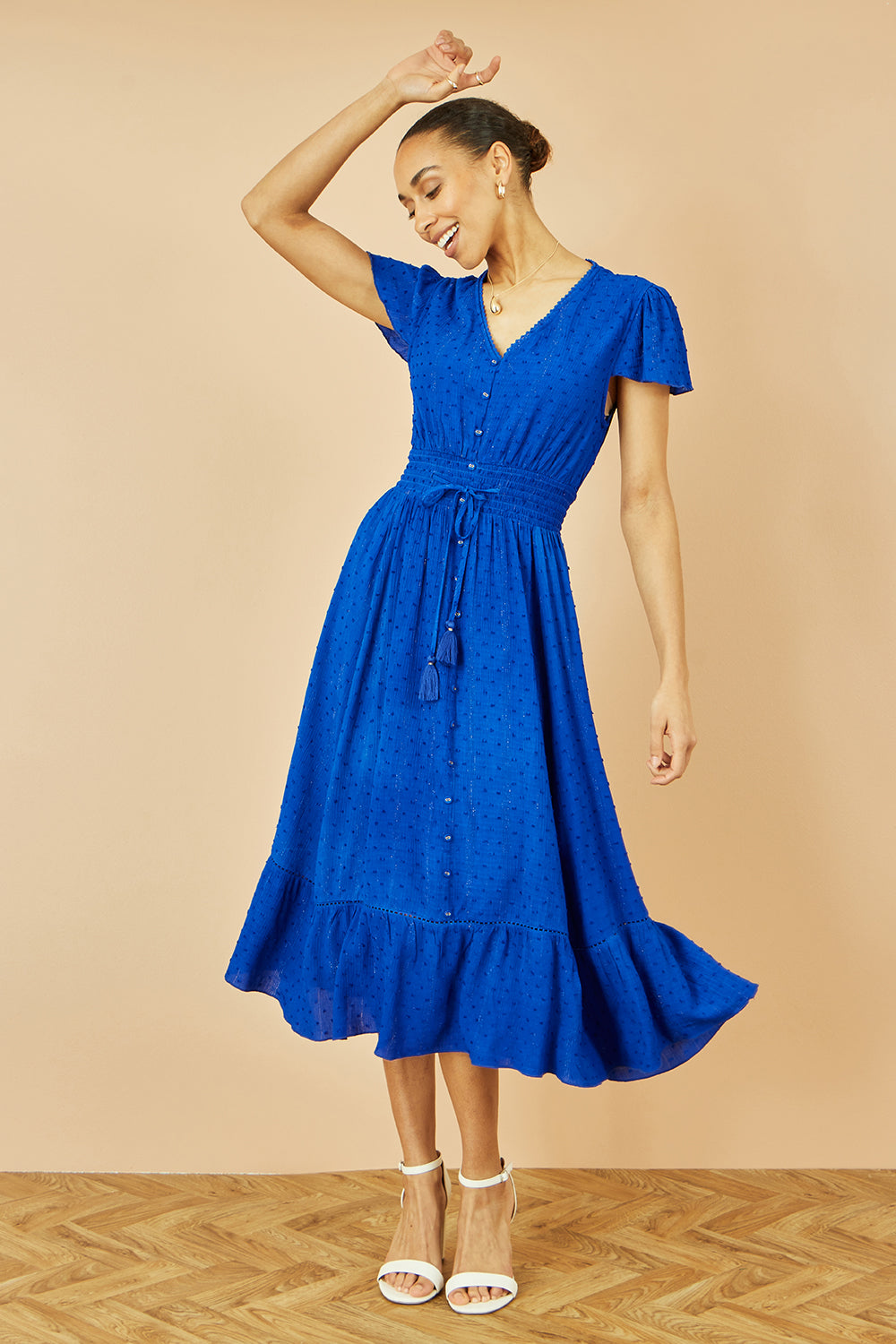 Yumi Blue Button Detail Midi Dress With Ruched Waist And Metallic Thread - QHA UK