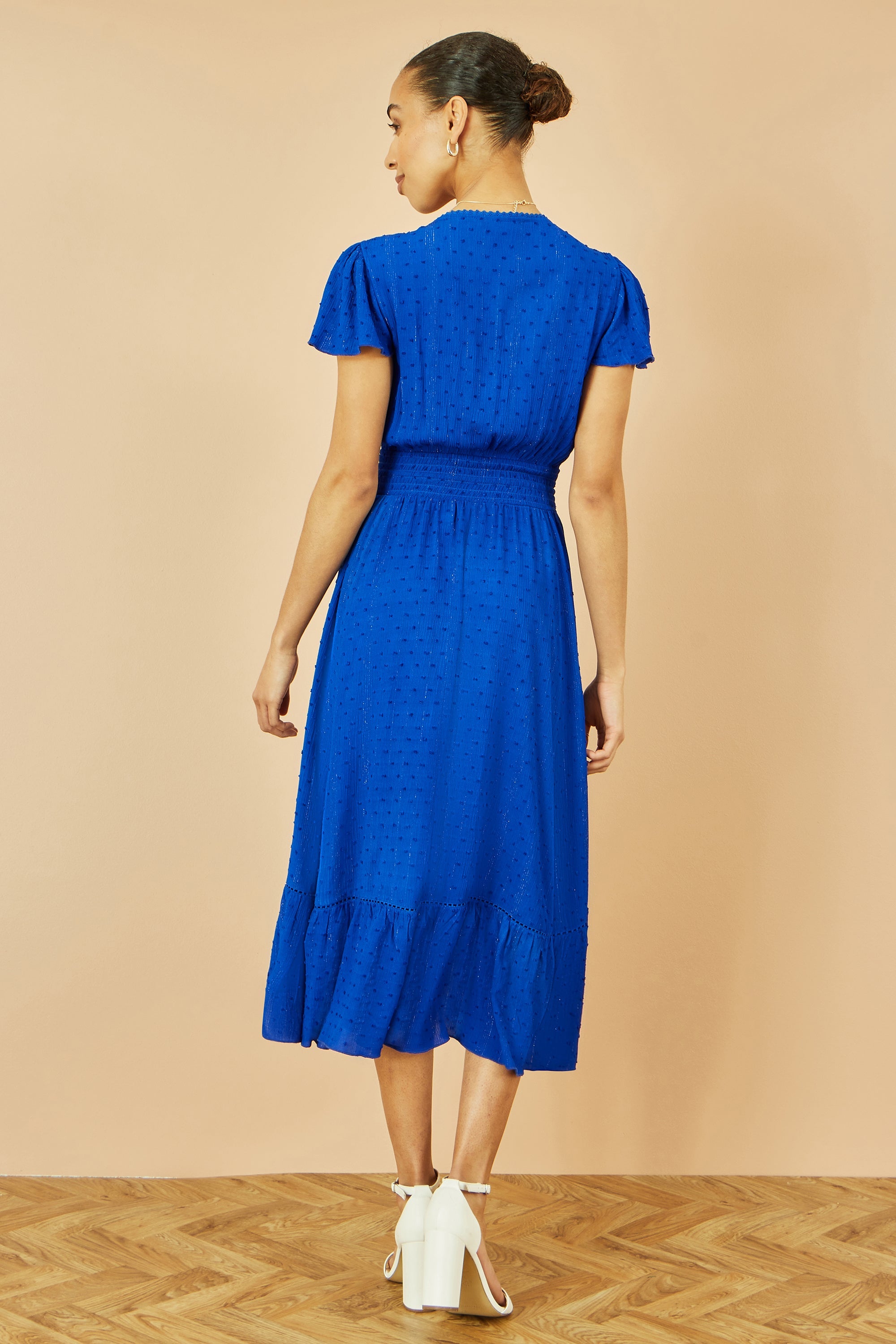Yumi Blue Button Detail Midi Dress With Ruched Waist And Metallic Thread