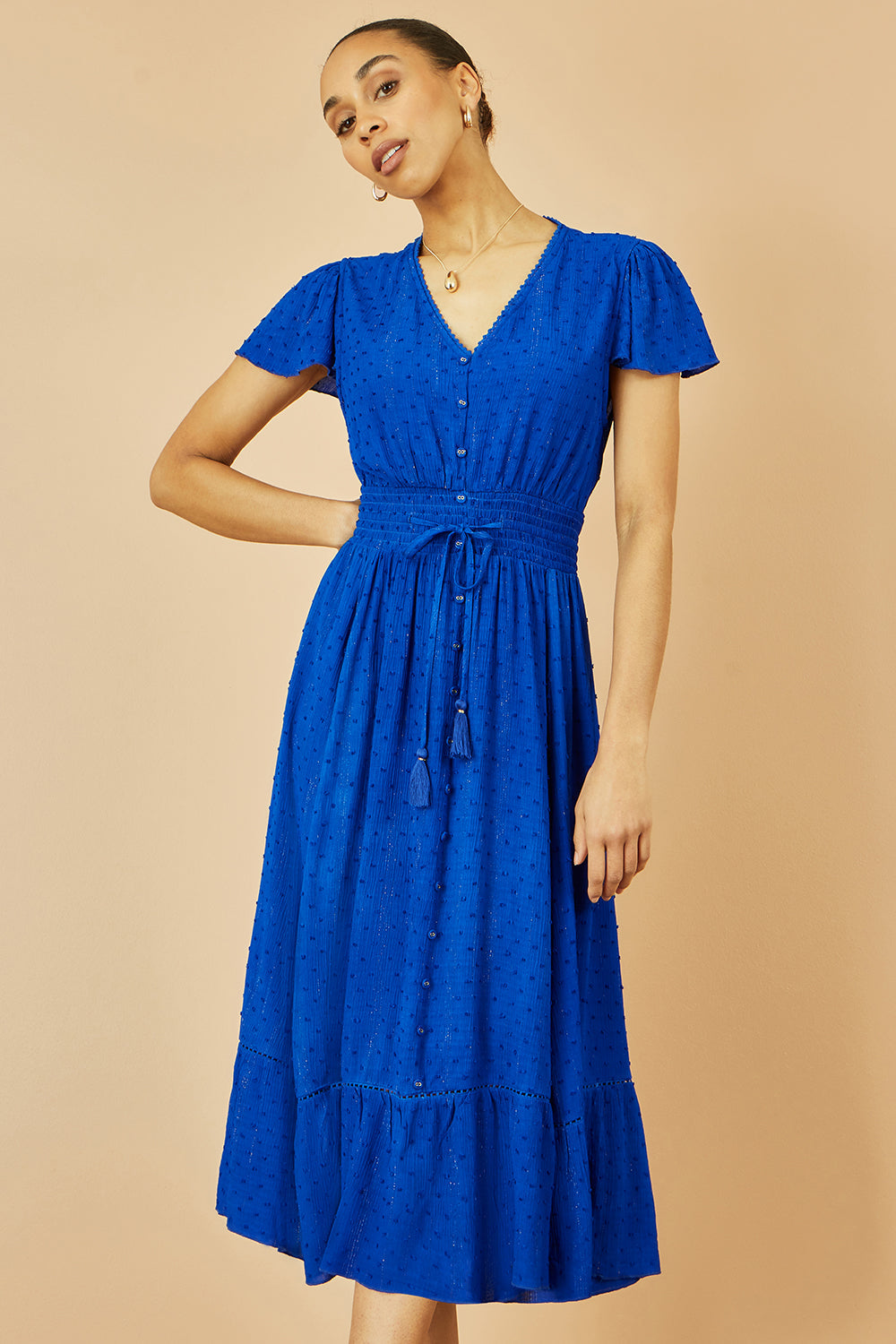 Yumi Blue Button Detail Midi Dress With Ruched Waist And Metallic Thread - QHA UK