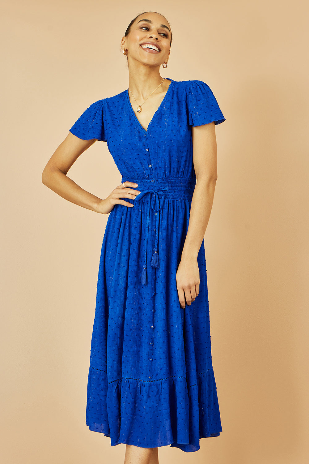Yumi Blue Button Detail Midi Dress With Ruched Waist And Metallic Thread - QHA UK