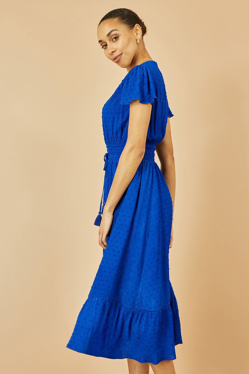 Yumi Blue Button Detail Midi Dress With Ruched Waist And Metallic Thread - QHA UK