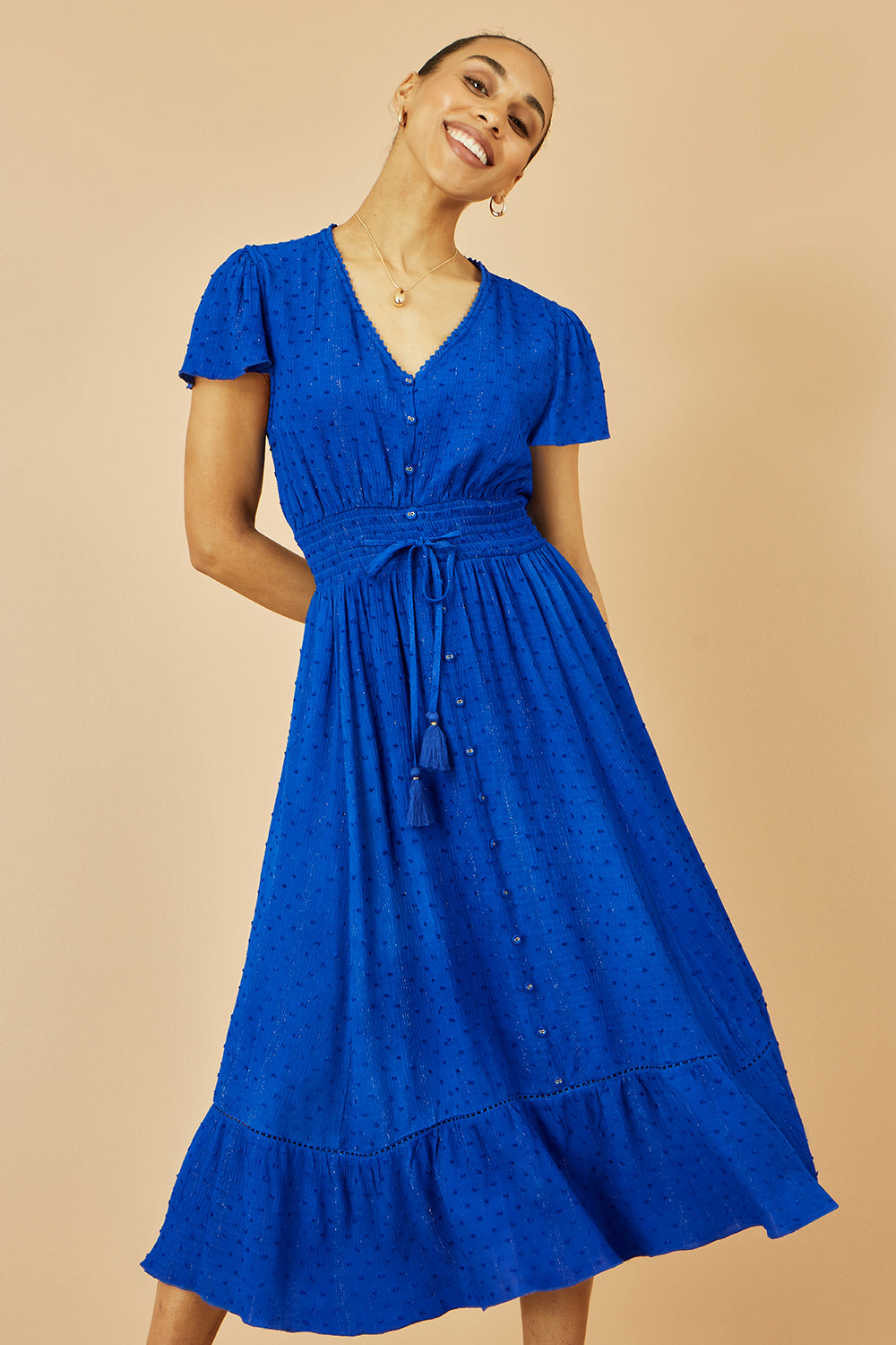 Yumi Blue Button Detail Midi Dress With Ruched Waist And Metallic Thread - QHA UK