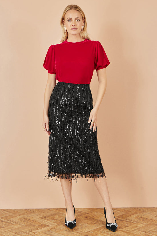 Yumi Red Velvet Puff Sleeve Top - QHA UK