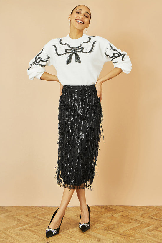 Yumi Black Hanging Sequin Fitted Midi Skirt - QHA UK