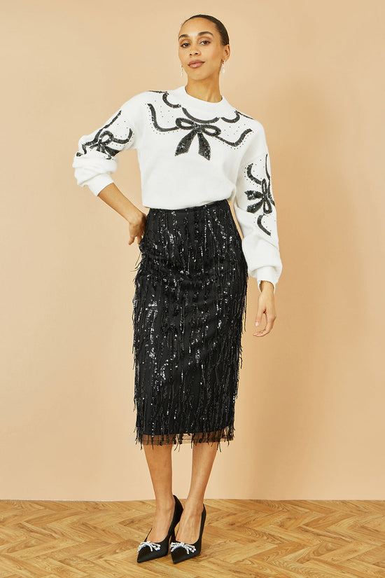 Yumi Black Hanging Sequin Fitted Midi Skirt - QHA UK