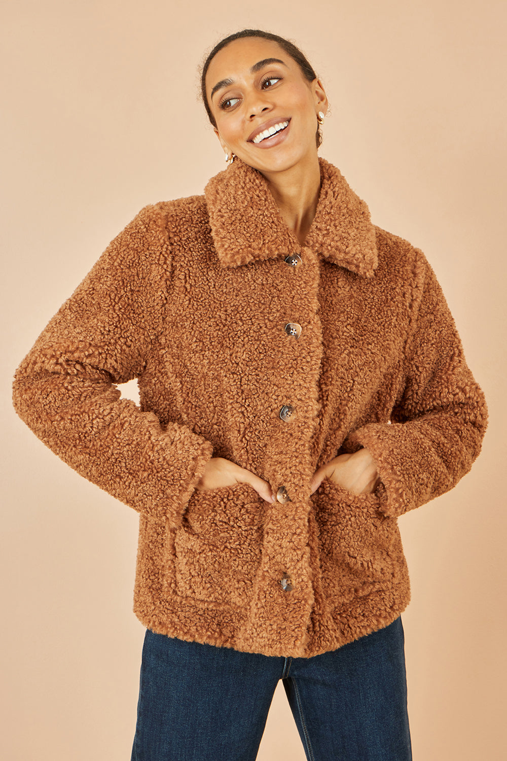 Yumi Brown Short Teddy Bear Jacket - QHA UK