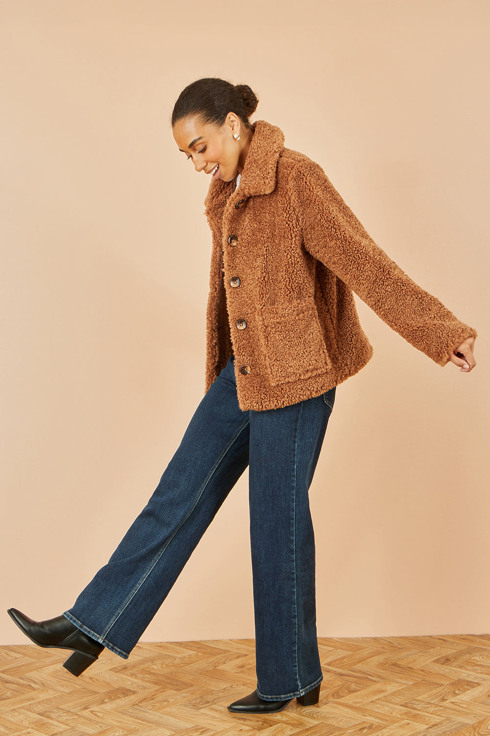 Yumi Brown Short Teddy Bear Jacket - QHA UK