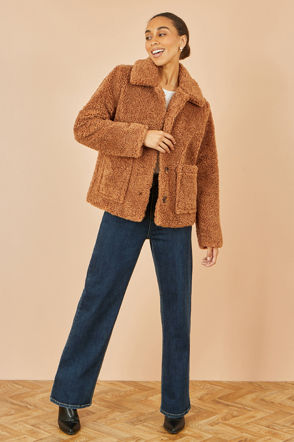 Yumi Brown Short Teddy Bear Jacket - QHA UK