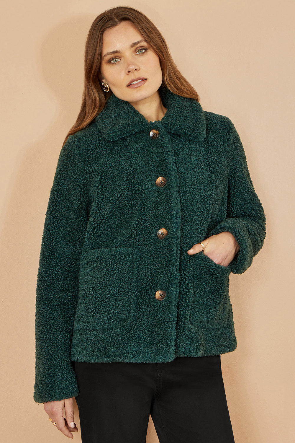 Yumi Green Short Teddy Bear Jacket - QHA UK