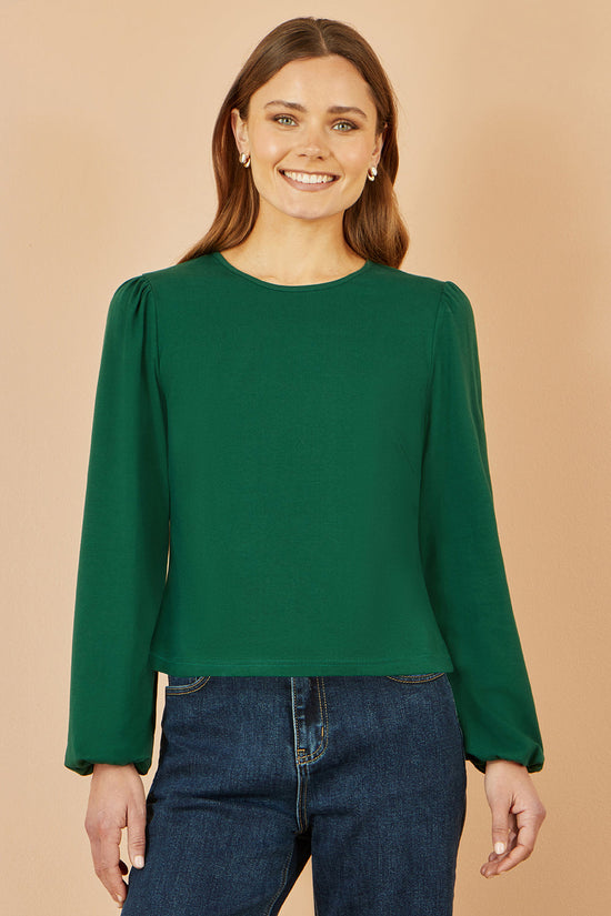 Yumi Green Stretch Cotton Jersey Long Sleeve Top - QHA UK