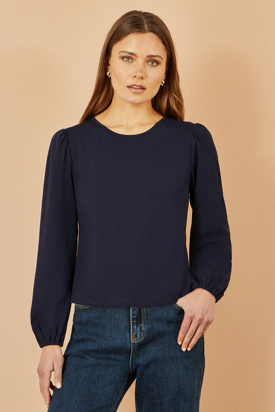 Yumi Navy Stretch Cotton Jersey Long Sleeve Top - QHA UK