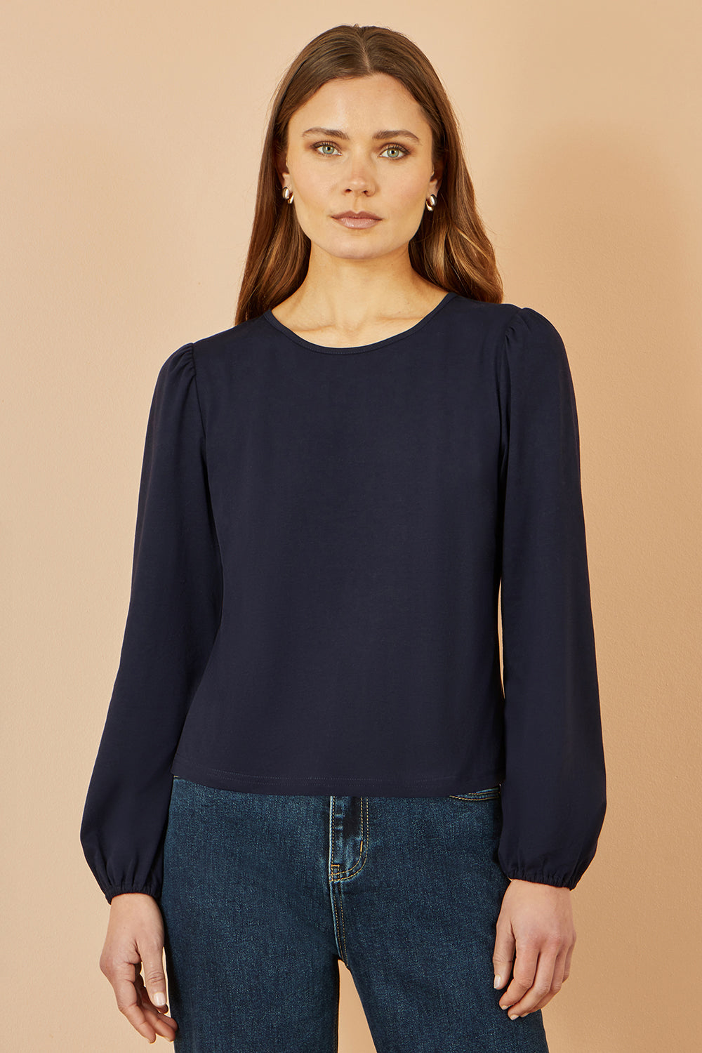 Yumi Navy Stretch Cotton Jersey Long Sleeve Top