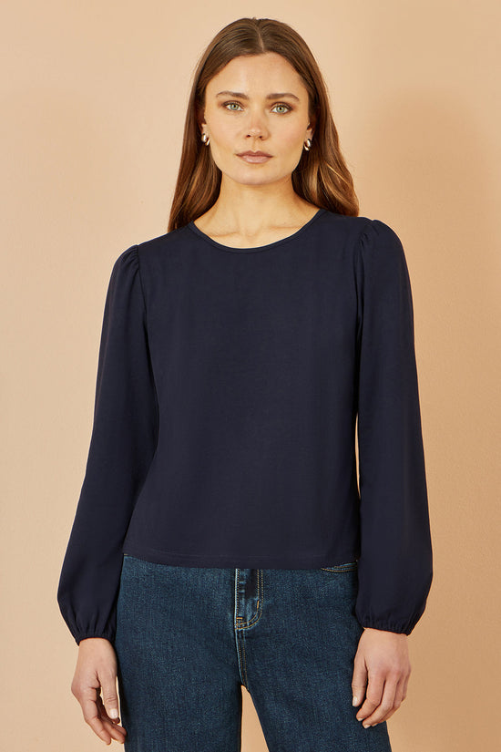 Yumi Navy Stretch Cotton Jersey Long Sleeve Top - QHA UK