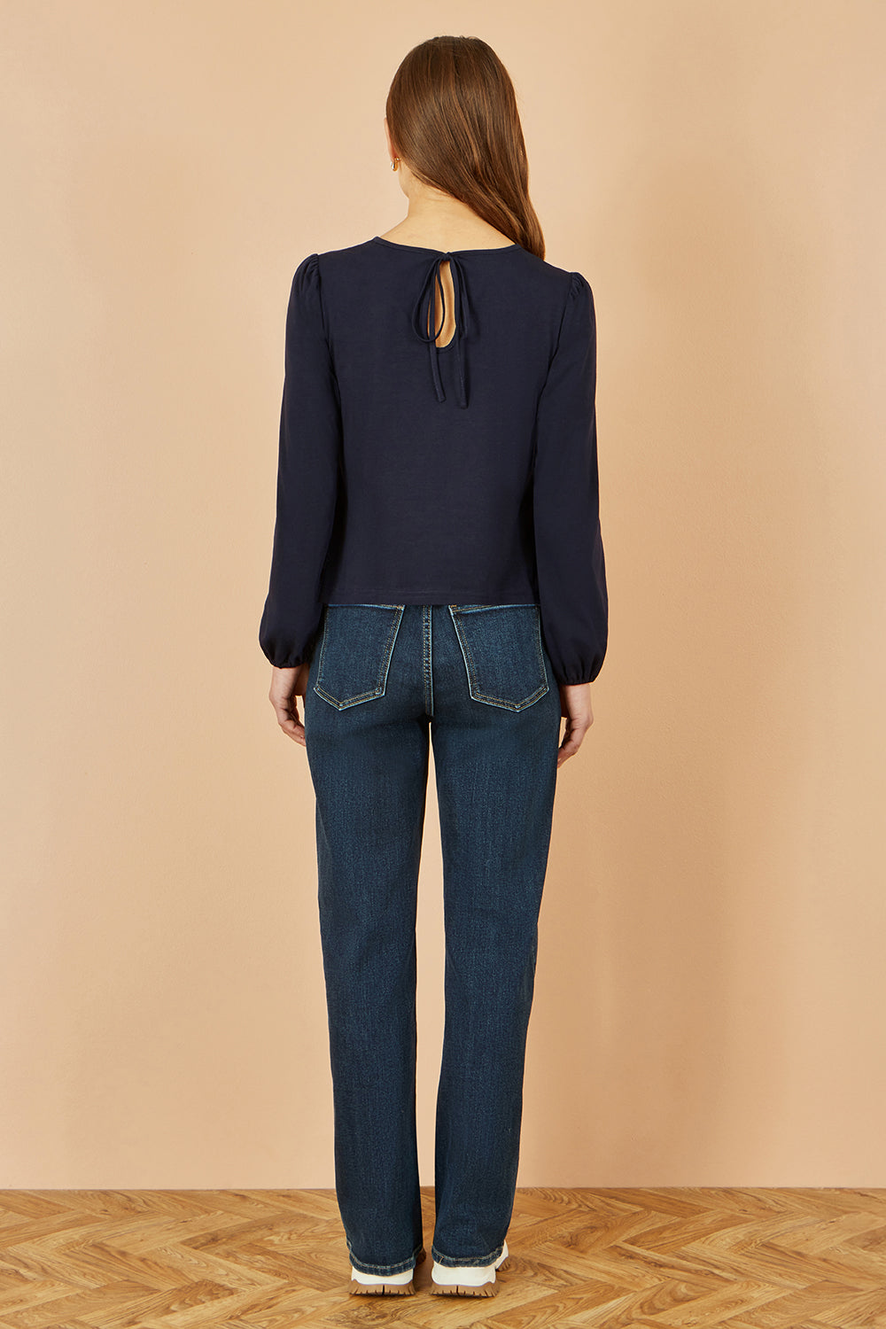 Yumi Navy Stretch Cotton Jersey Long Sleeve Top