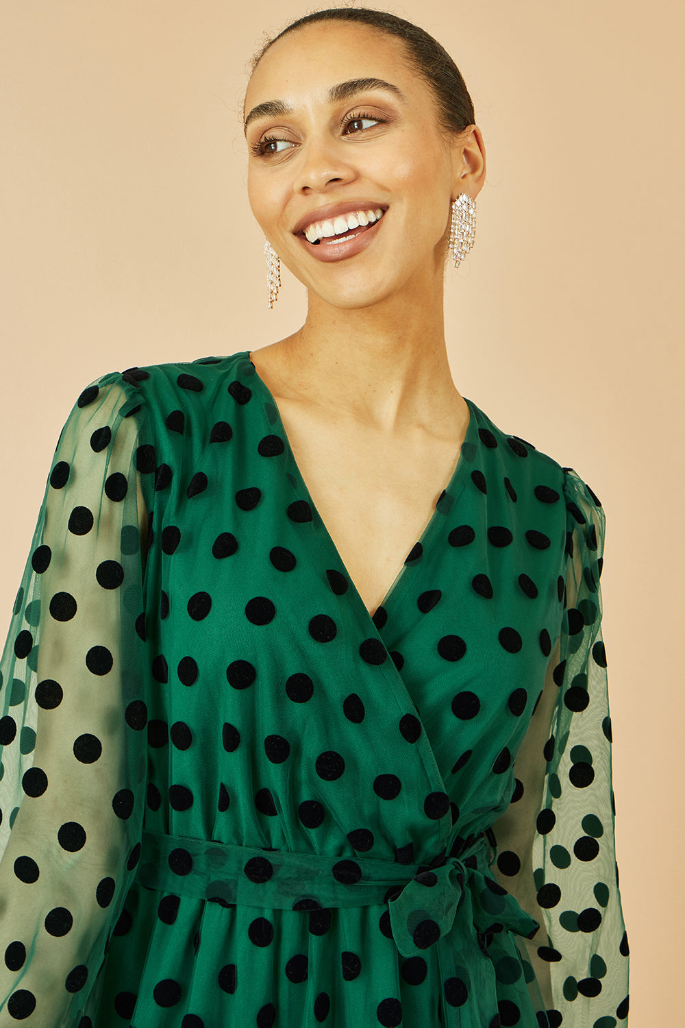 Yumi Green Spot Mesh Wrap Midi Skater Dress - QHA UK