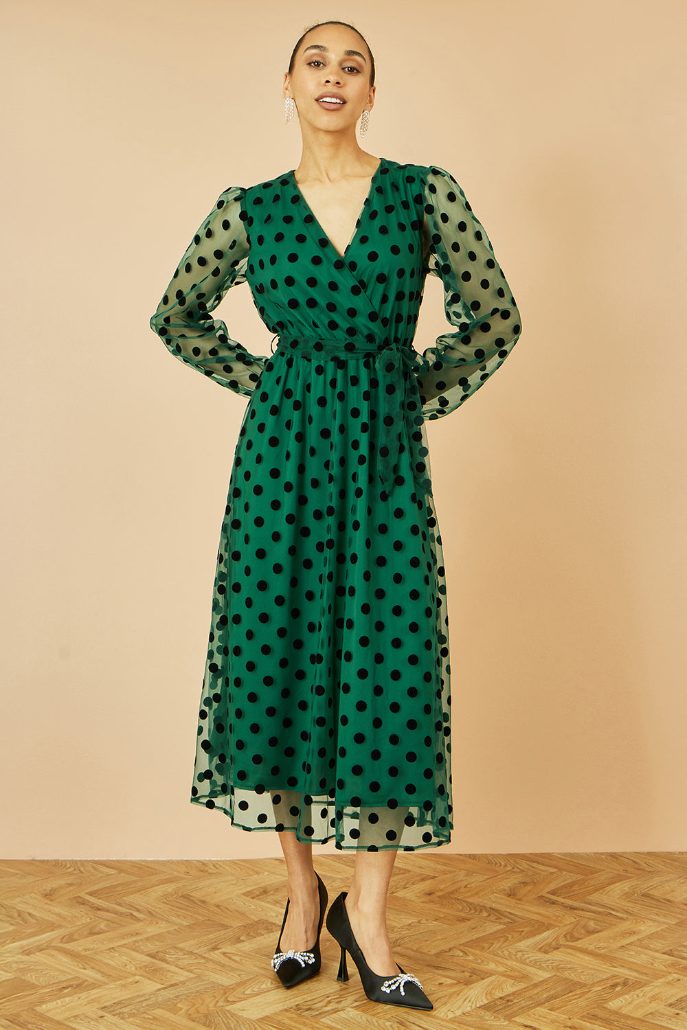 Yumi Green Spot Mesh Wrap Midi Skater Dress - QHA UK