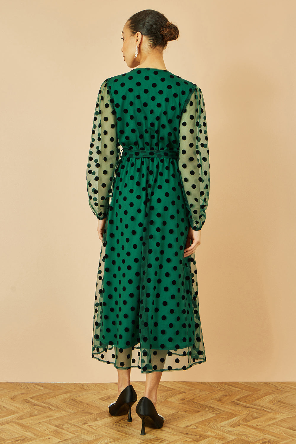 Yumi Green Spot Mesh Wrap Midi Skater Dress - QHA UK