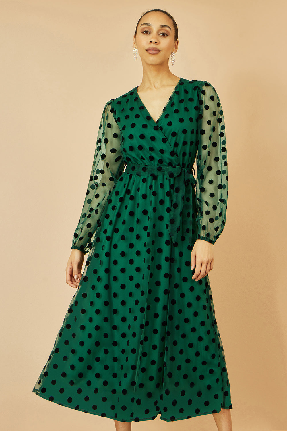 Yumi Green Spot Mesh Wrap Midi Skater Dress - QHA UK
