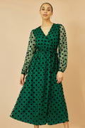 Yumi Green Spot Mesh Wrap Midi Skater Dress - QHA UK