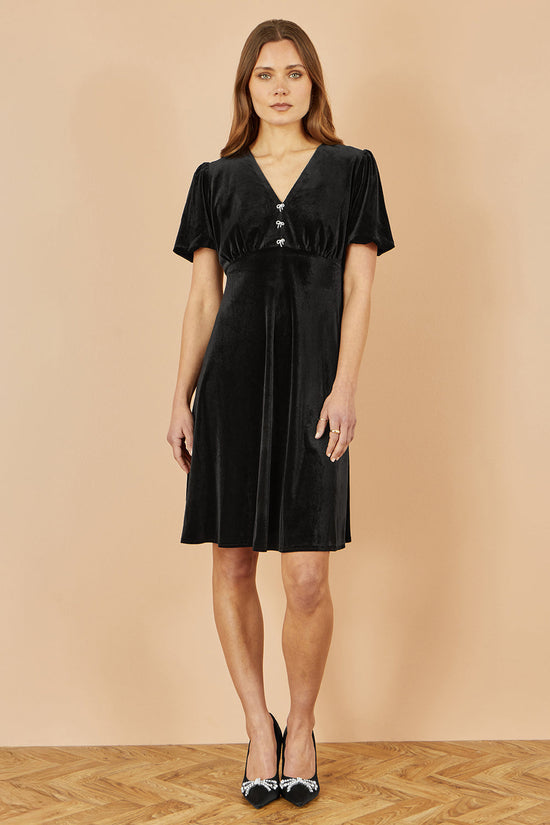 Yumi Black Velvet Skater Dress With Dimante Bow Detail - QHA UK