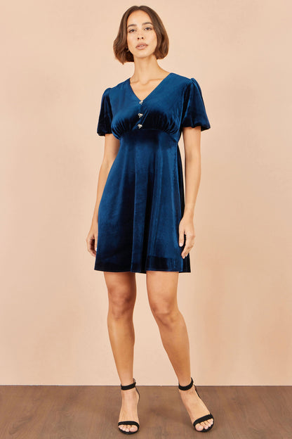 Yumi Women's Navy Velvet Skater Dress with Diamante Bows & Puff Sleeves