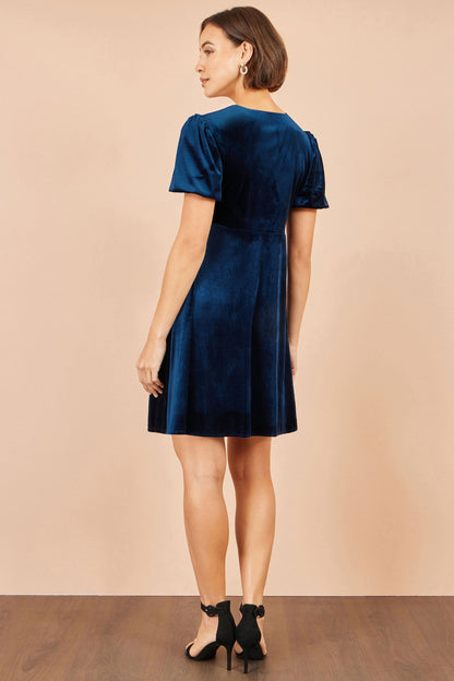 Yumi Women's Navy Velvet Skater Dress with Diamante Bows & Puff Sleeves