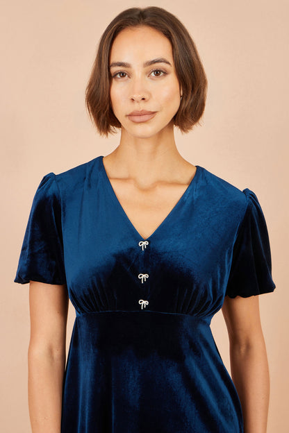 Yumi Women's Navy Velvet Skater Dress with Diamante Bows & Puff Sleeves