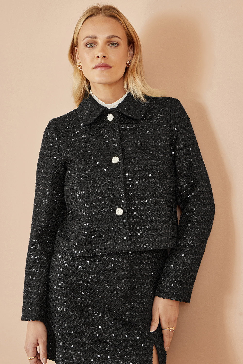 Yumi Black Boucle Sequin Jacket With Pearl Buttons - QHA UK