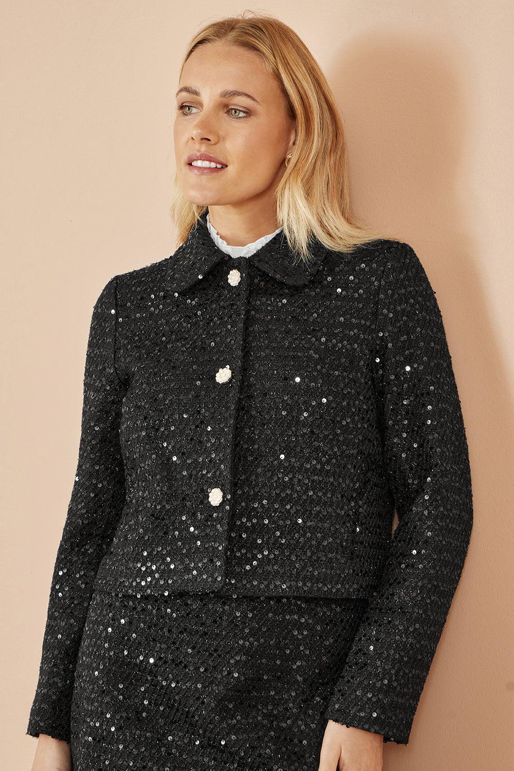 Yumi Black Boucle Sequin Jacket With Pearl Buttons - QHA UK
