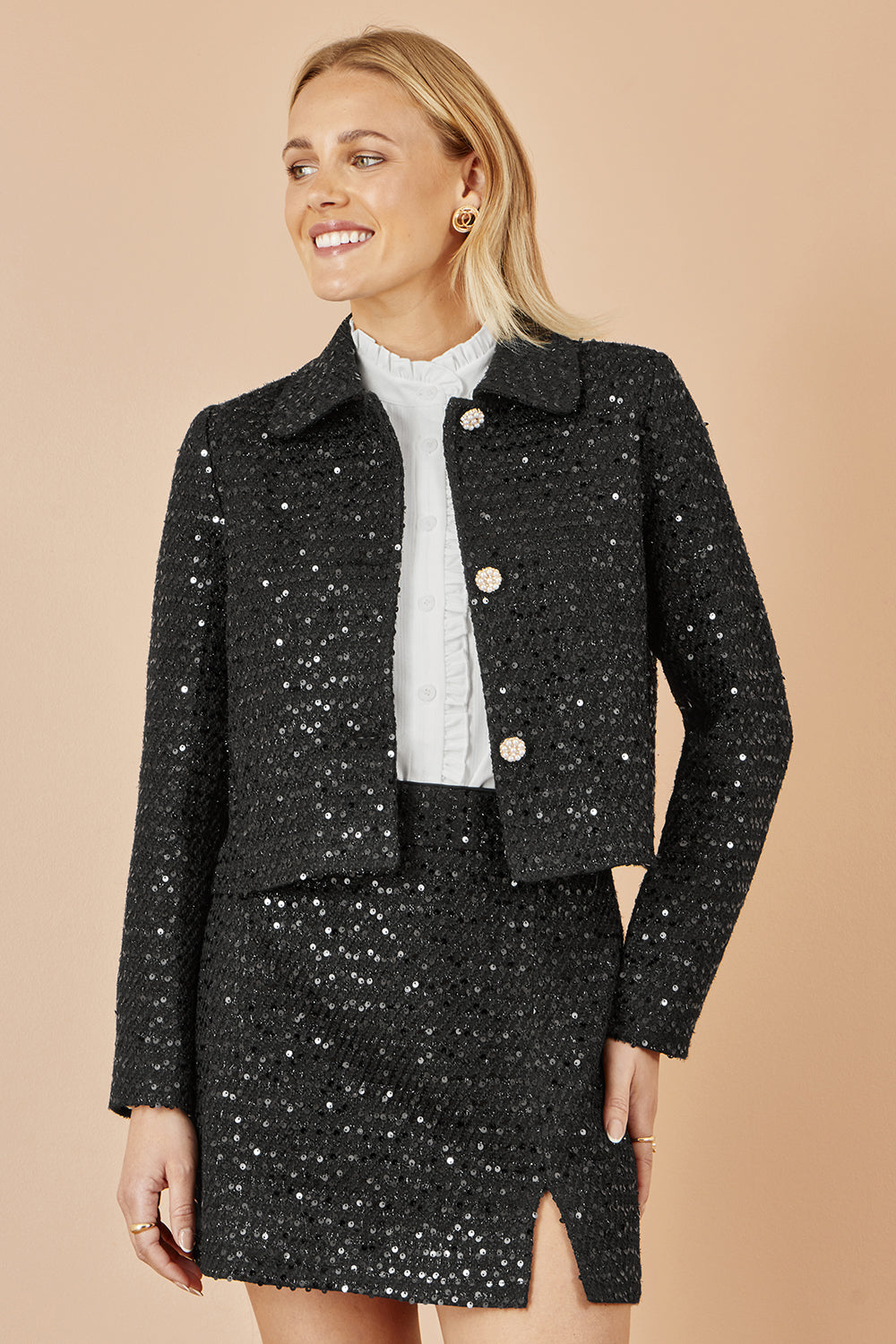 Yumi Black Boucle Sequin Jacket With Pearl Buttons - QHA UK