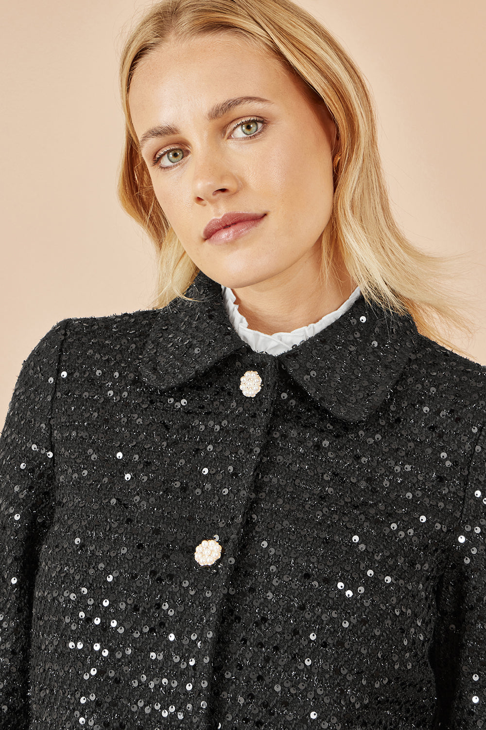 Yumi Black Boucle Sequin Jacket With Pearl Buttons - QHA UK