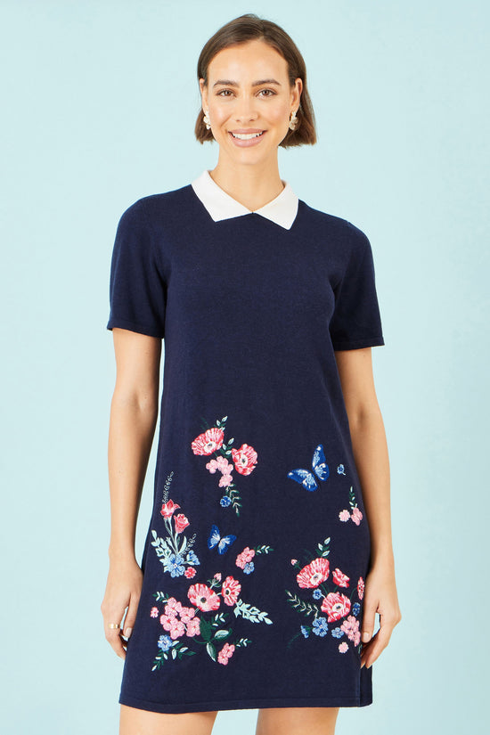 Yumi Navy Embroidered Knitted Floral Tunic - QHA UK